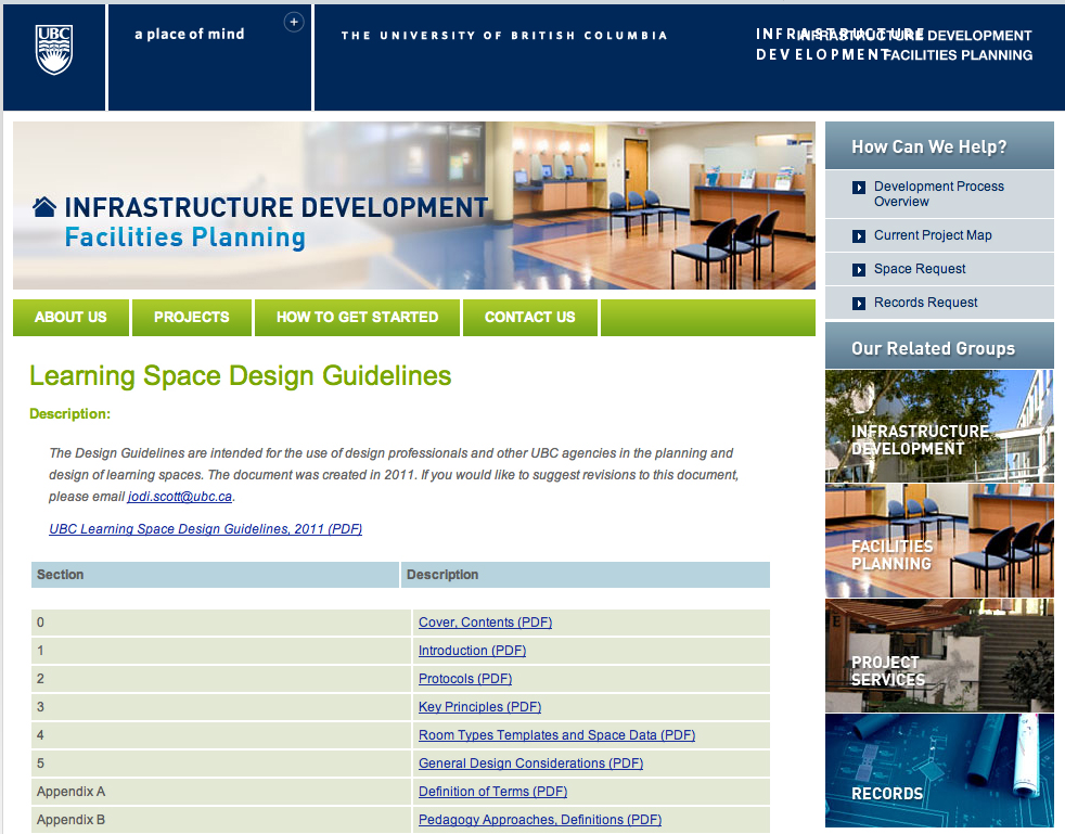 screenshot of University of British Columbia Learning Space Design Guidelines site