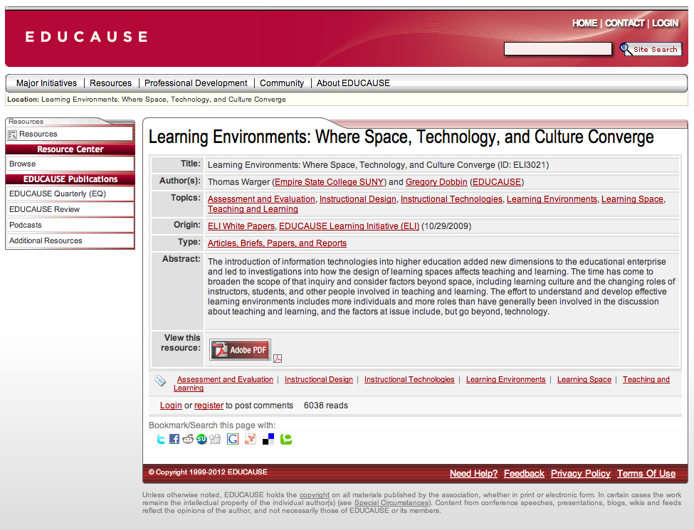 screenshot of Learning Environments: Where Space, Technology, and Culture Converge site