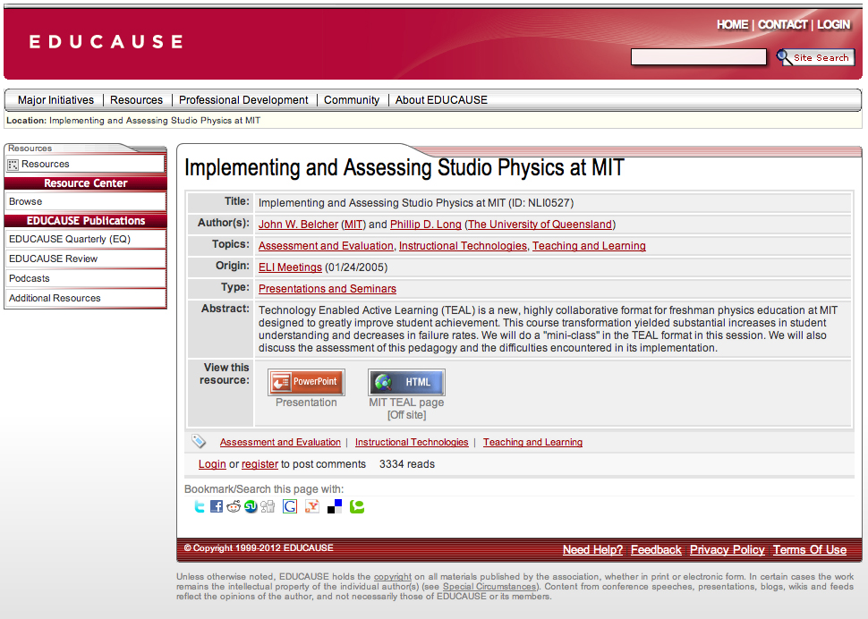 Screenshot of Implementing and Assessing Physics Studio at MIT site