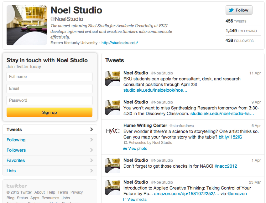Screenshot of Noel Studio for Academic Creativity at Eastern Kentucky University site