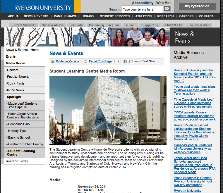 screenshot of Ryerson University Student Learning Center site
